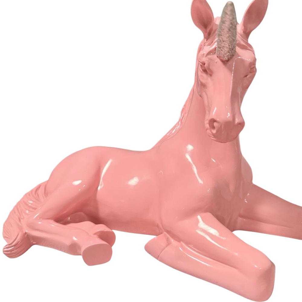 Pink Unicorn sculpture w/ Silver Glitter Horn 12”L x 8”H. Great condition.